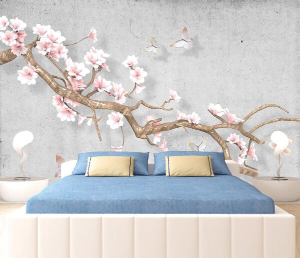Branche avec fleurs et papillons Papier peint Branche avec fleurs et papillons