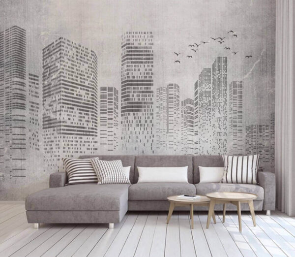 Paysage urbain esquissé sur fond nuageux Papier peint Paysage urbain esquissé sur fond nuageux