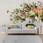 Papier peint Papillon survolant un bouquet de fleurs