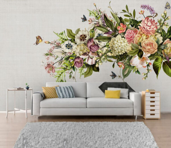 Papillon survolant un bouquet de fleurs Papier peint Papillon survolant un bouquet de fleurs