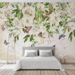 Papier peint Peinture de fleurs blanches et de papillons