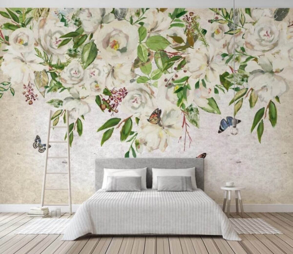 Peinture de fleurs blanches et de papillons Papier peint Peinture de fleurs blanches et de papillons