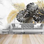 Papier peint Feuilles vibrantes sur fond de marbre