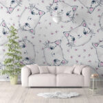 Papier peint Motif de chats sur fond blanc