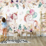 Papier peint Licorne aquarelle avec ballons