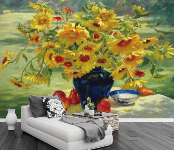 Peinture d'un vase de fleurs jaunes et de fruits Papier peint Peinture d'un vase de fleurs jaunes et de fruits