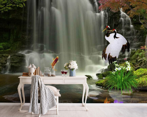 Cascade avec oiseaux et poissons Papier peint Cascade avec oiseaux et poissons