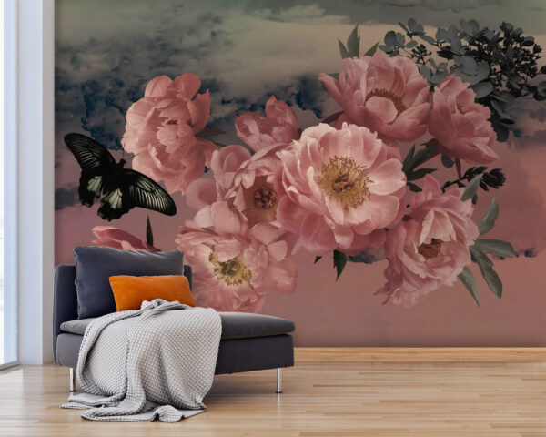 Papillon survolant un bouquet de fleurs roses Papier peint Papillon survolant un bouquet de fleurs roses