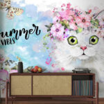 Papier peint Chat avec des fleurs sur la tête