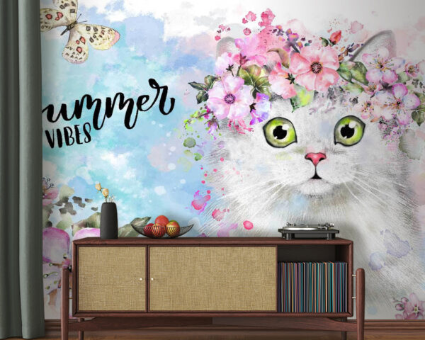 Chat avec des fleurs sur la tête Papier peint Chat avec des fleurs sur la tête
