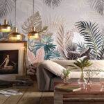 Papier peint Feuilles tropicales dans des tons sourds.