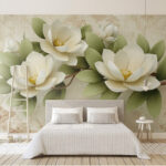 Papier peint Fleurs élégantes avec des feuilles vertes.
