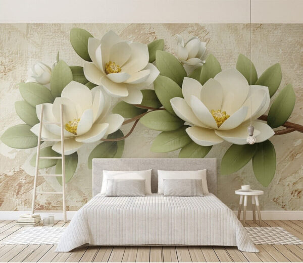 Fleurs élégantes avec des feuilles vertes Papier peint Fleurs élégantes avec des feuilles vertes
