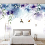 Papier peint Papillon et fleurs avec feuilles