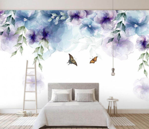 Papillon et fleurs avec feuilles Papier peint Papillon et fleurs avec feuilles