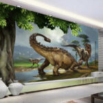 Papier peint Grand dinosaure avec de longues cornes et une longue queue