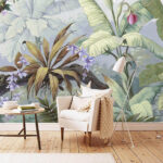 Papier peint Feuillage tropical luxuriant et fleurs éclatantes