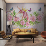 Papier peint Licorne avec couronne et papillons