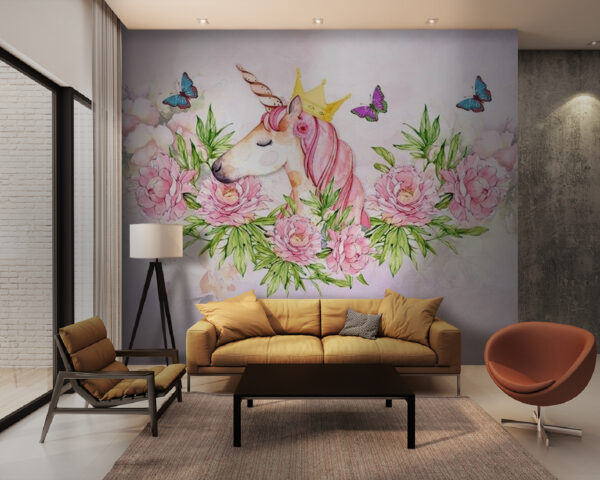 Licorne avec couronne et papillons Papier peint Licorne avec couronne et papillons