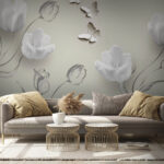 Papier peint Fleurs blanches et papillons