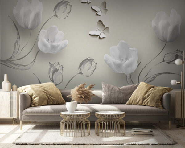 Fleurs blanches et papillons Papier peint Fleurs blanches et papillons