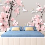 Papier peint Fleurs roses et papillons sur un arbre