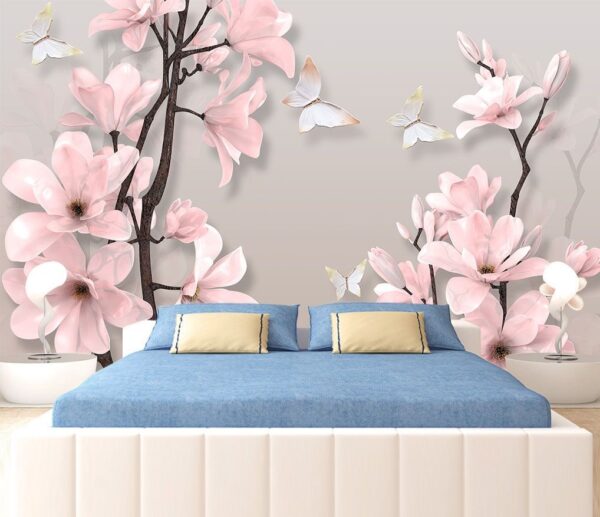 Fleurs roses et papillons sur un arbre Papier peint Fleurs roses et papillons sur un arbre