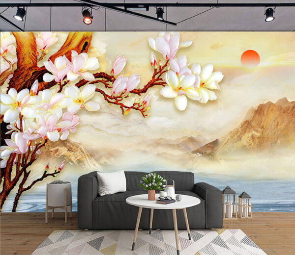 Peinture d'une branche avec des fleurs et des montagnes en arrière-plan Papier peint Peinture d'une branche avec des fleurs et des montagnes en arrière-plan