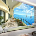 Papier peint Balcon avec vue sur l'océan et les bateaux