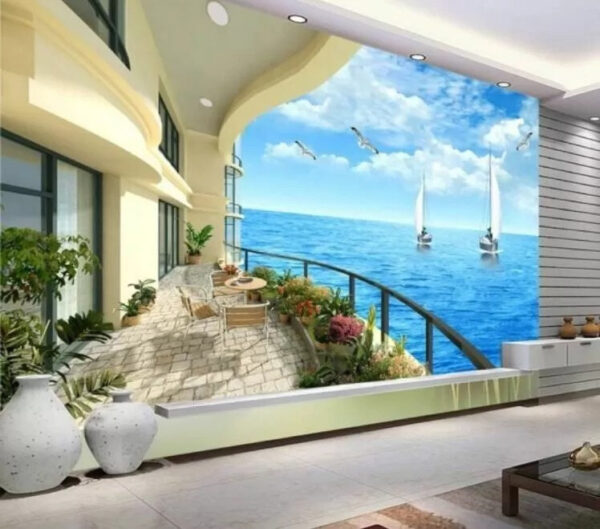 Balcon avec vue sur l'océan et les bateaux Papier peint Balcon avec vue sur l'océan et les bateaux