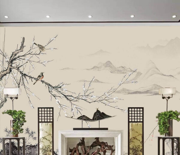 Peinture d'oiseaux sur une branche Papier peint Peinture d'oiseaux sur une branche