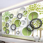 Papier peint Oiseaux et arbres dans des cadres circulaires.