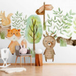 Papier peint Illustration à l'aquarelle d'animaux et d'arbres