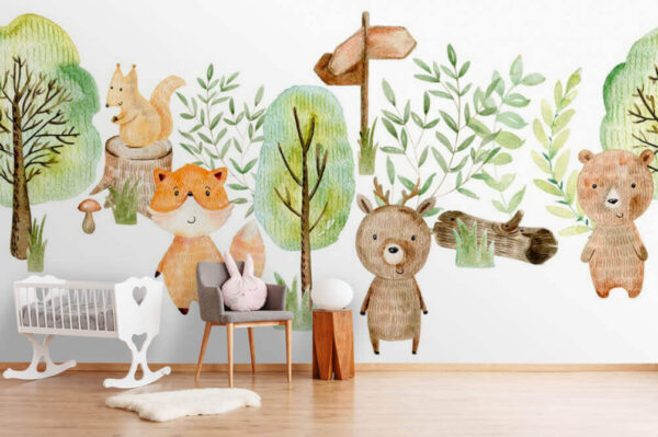 Illustration à l'aquarelle d'animaux et d'arbres Papier peint Illustration à l'aquarelle d'animaux et d'arbres