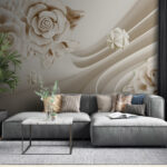 Papier peint Roses blanches et vagues blanches