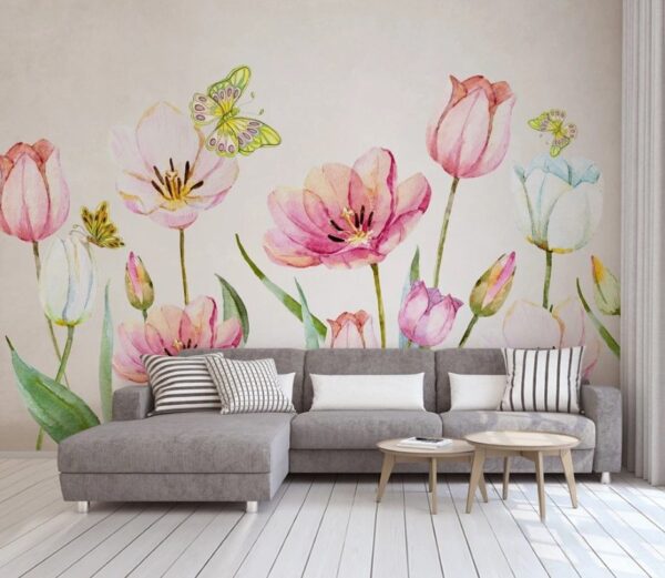 Peinture de fleurs et de papillons Papier peint Peinture de fleurs et de papillons