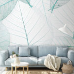 Papier peint Délicat motif de squelettes de feuilles turquoise