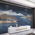 Papier peint Peinture de montagnes et de bateaux dans l'eau