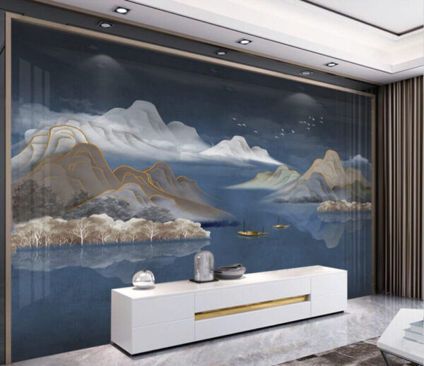 Peinture de montagnes et de bateaux dans l'eau Papier peint Peinture de montagnes et de bateaux dans l'eau