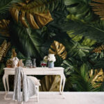Papier peint Feuilles luxuriantes dans des tons métalliques et verts