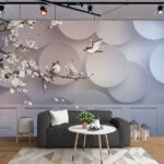 Papier peint Peinture murale d'oiseaux sur une branche avec des cercles blancs et des cercles blancs