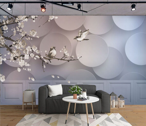 Peinture murale d'oiseaux sur une branche avec des cercles blancs et des cercles blancs Papier peint Peinture murale d'oiseaux sur une branche avec des cercles blancs et des cercles blancs