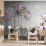 Papier peint Fleurs roses avec papillons délicats