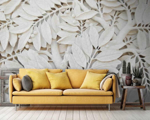 Arbre blanc avec feuilles et baies Papier peint Arbre blanc avec feuilles et baies