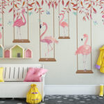 Papier peint Flamant rose avec feuilles rouges