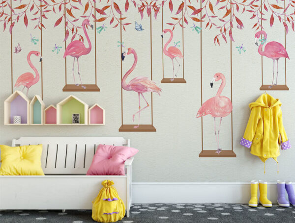 Flamant rose avec feuilles rouges Papier peint Flamant rose avec feuilles rouges