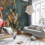 Papier peint Flamants roses dans un paradis tropical luxuriant.