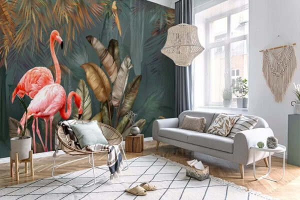 Flamants roses dans un paradis tropical luxuriant Papier peint Flamants roses dans un paradis tropical luxuriant