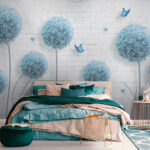 Papier peint Papillon bleu sur une surface blanche