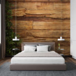 Papier peint Mur en bois usé avec de la verdure